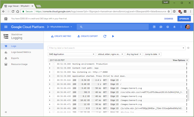 Google Stackdriver Logging page showing ASP.NET Core Logging