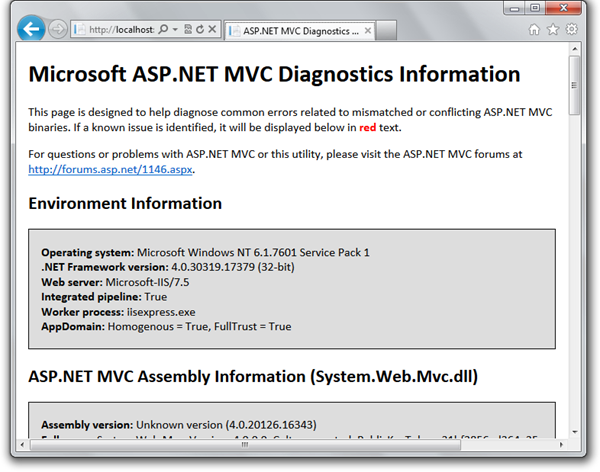 ASP.NET MVC Diagnostics Utility gives lots of useful data