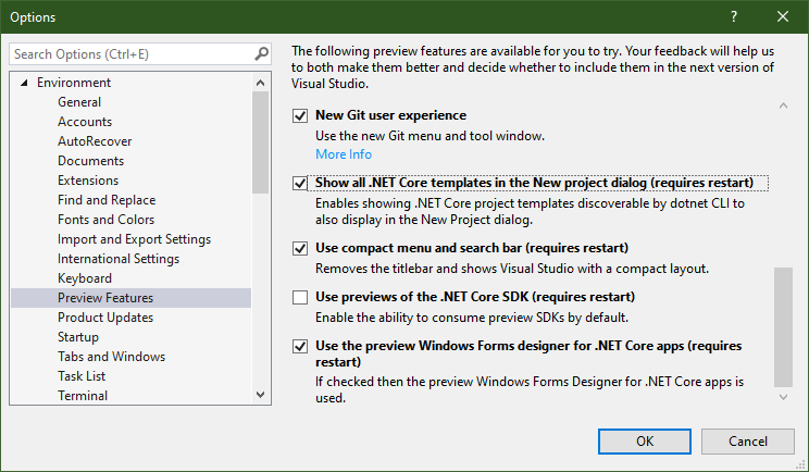 Turn on Visual Studio 2019 Preview features for .NET Core