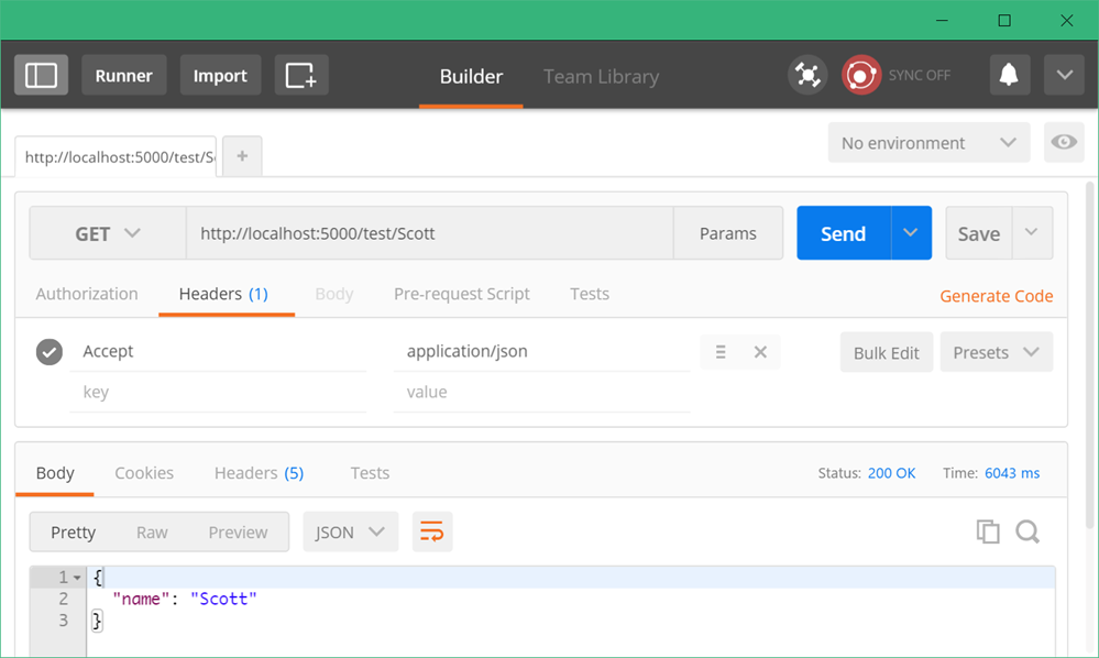 Postman shows a JSON object coming back from a GET request to a Web API