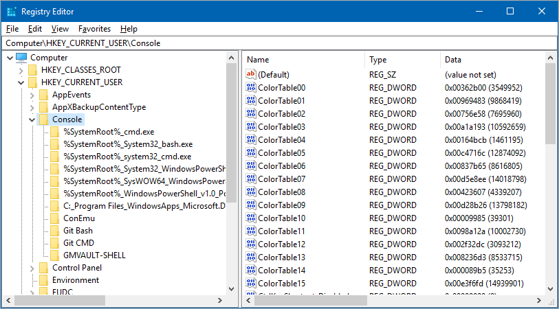 Where default colors are stored in the Registry