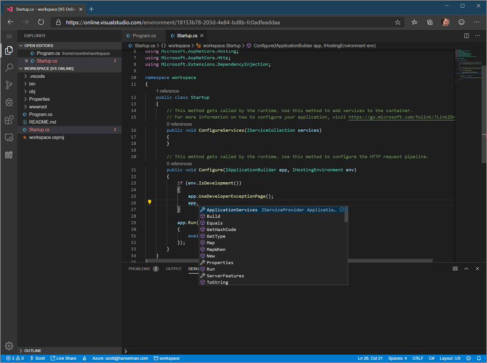 I'm in VS Code but it's not, it's VS Online in a browser