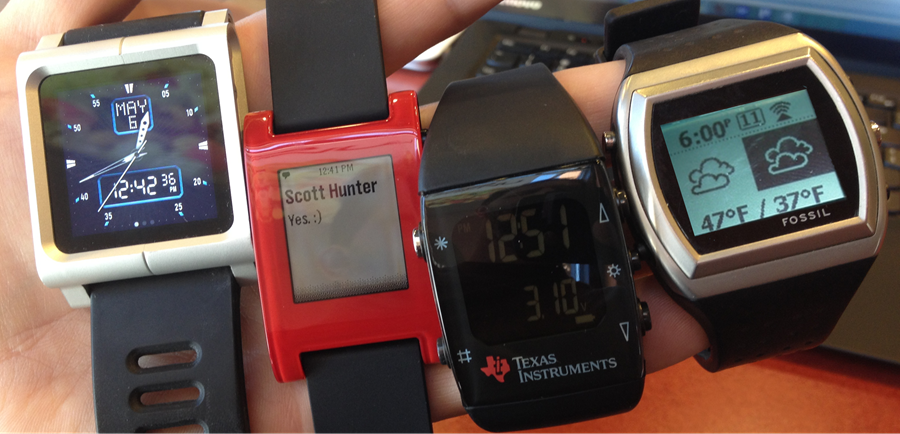 iPod nano, Pebble, TI and SPOT Watch - I had to photoshop the SpotWatch as the battery died long ago