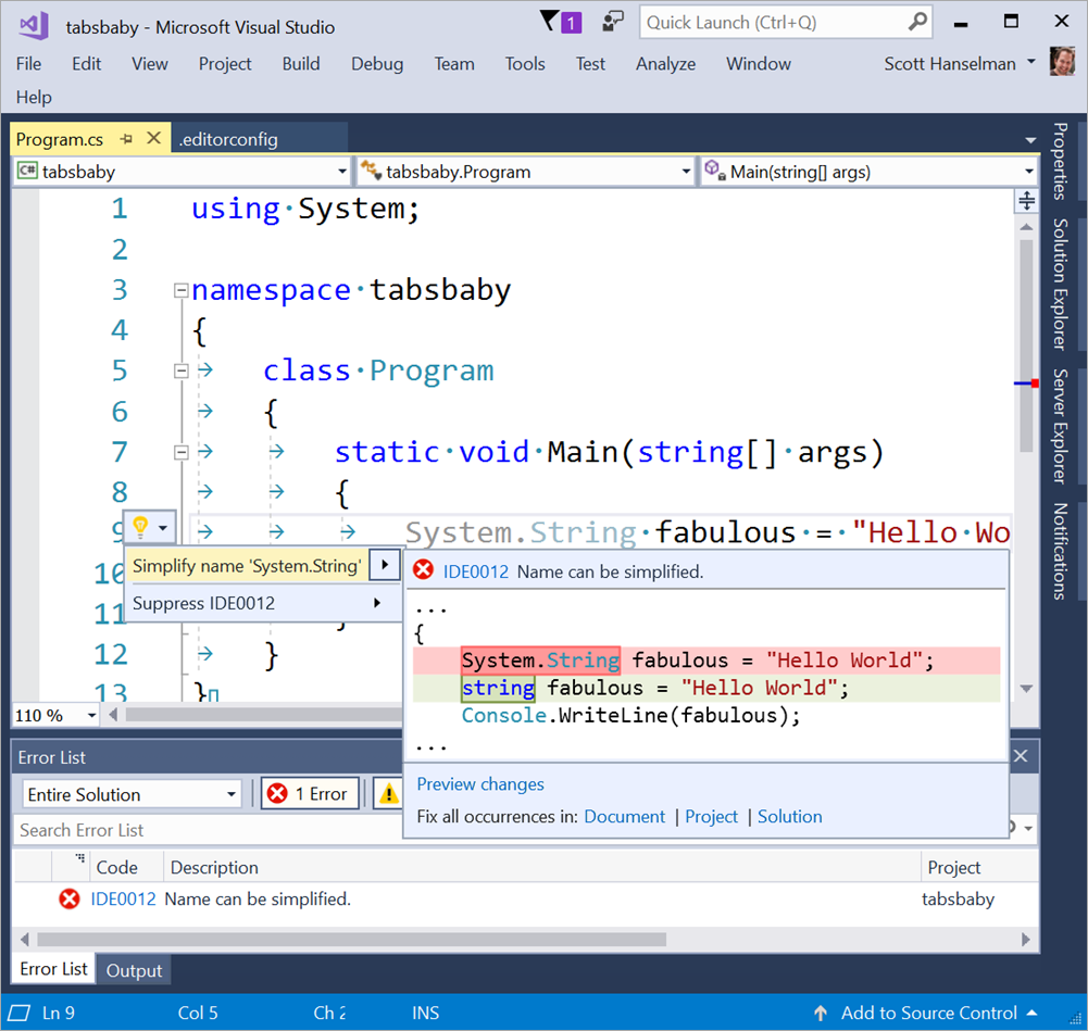 Visual Studio respects EditorConfig