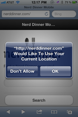 NerdDinner with jQuery Mobile on an iPhone asking for my location