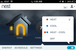 Screenshot of the Nest App showing Heat/Cool