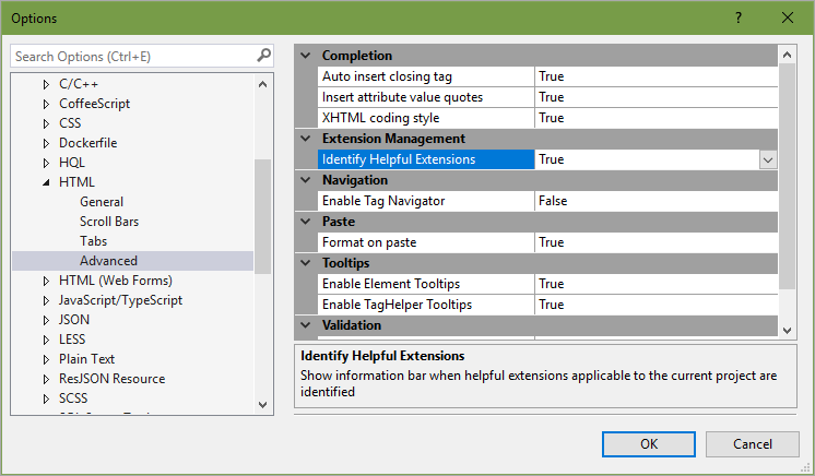 Tools Options HTML Advanced Identify Helpful Extensions