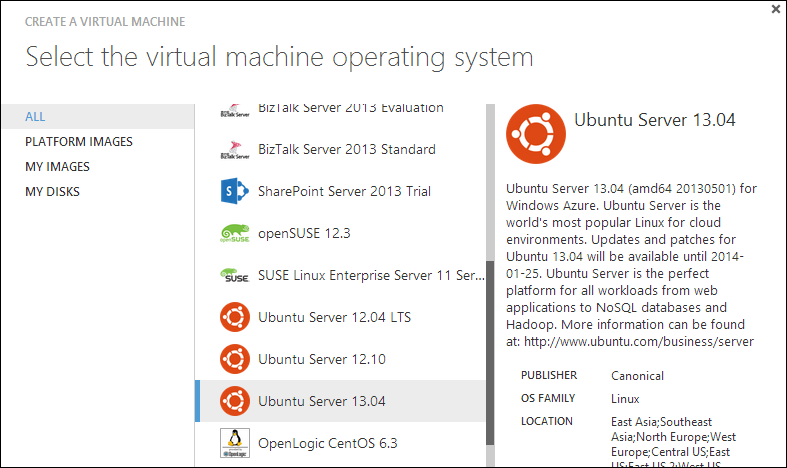 Selecting Ubuntu from the Azure Gallery