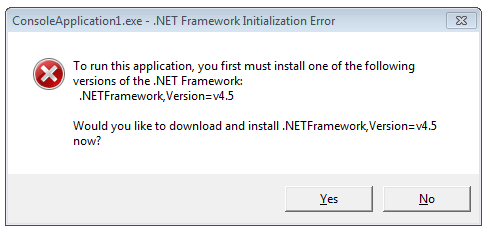 A dialog that pops up when running .NET 4.5 apps on .NET 4 to prompt an update