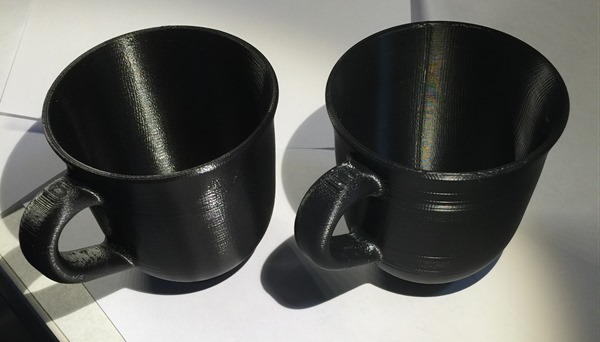 Coffee Cup 3D Print from a Printrbot Simple Metal on one side and a Stratasys uPrint SE Pro on the other