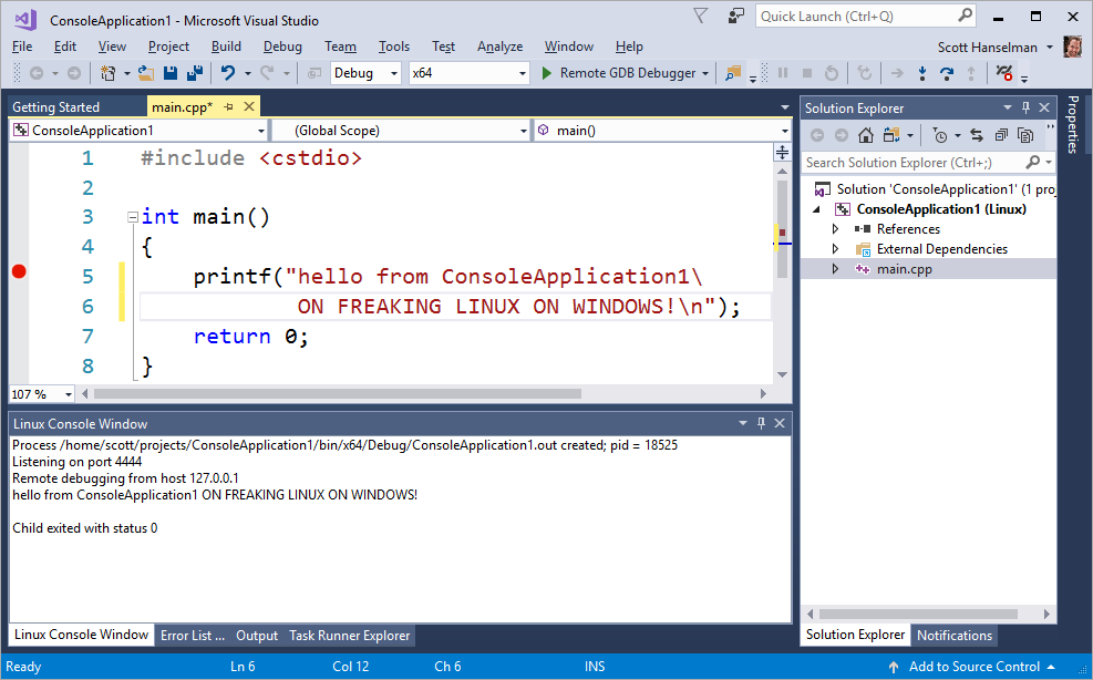 I'm writing C++ in Visual Studio on Windows talking to the local Linux Subsystem