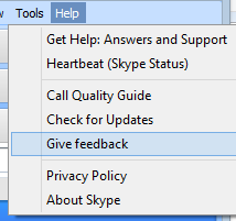 Give Feedback menu in Skype