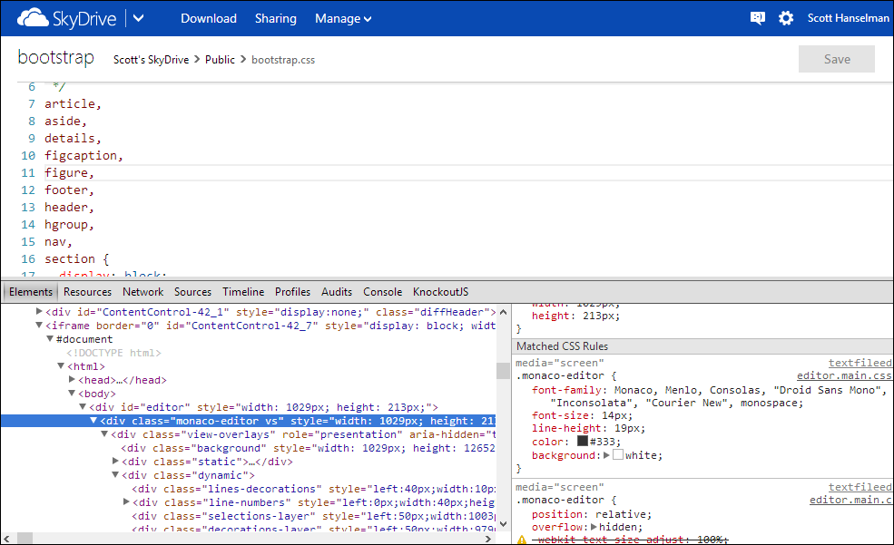 The javaScript editor open in SkyDrive