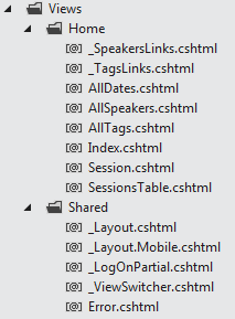 A Views folder with optional *.mobile.cshtml files for each mobile view