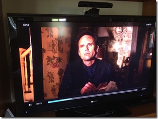 Watching "Justified" on my HDTV via AirPlay on an iPad talking to a Raspbmc