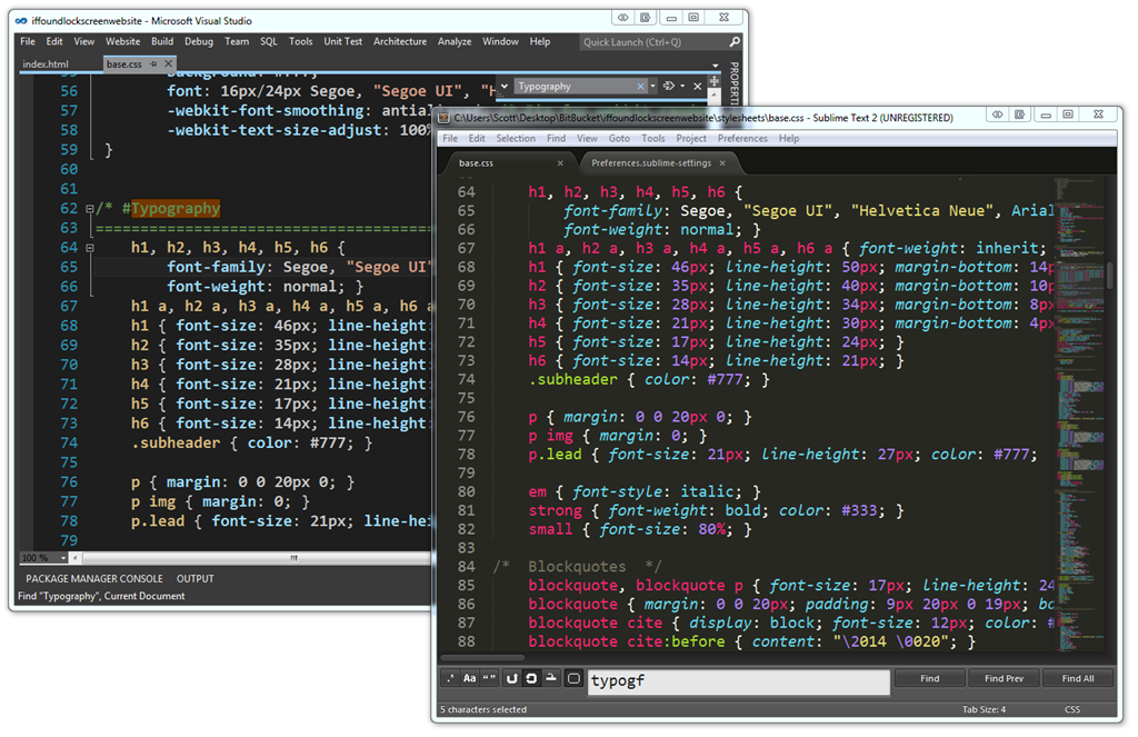 VS11 with Dark Theme next to Sublime Text 2