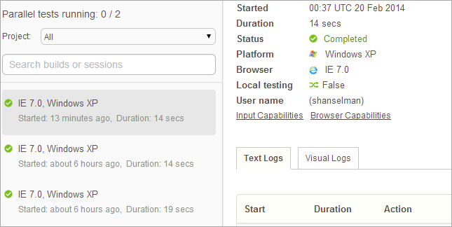 The Web Interface for BrowserStack showing the tests I've run
