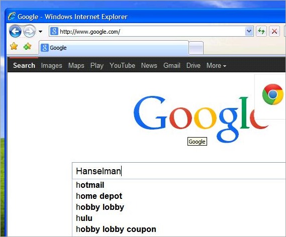 Screenshot of BrowserStack automatically typing Hanselman into Google on IE7 on XP