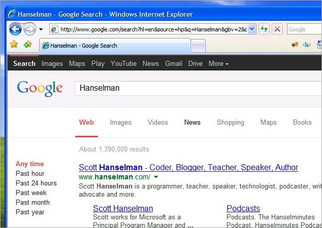 The results of the Google Search for Hanselman