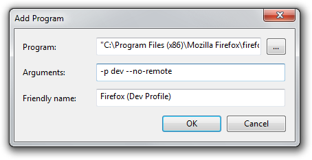 Adding a Firefox Dev Profile with "firefox.exe -p dev"