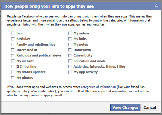 Uncheck all the checkboxes at "How people bring your info info apps they use."