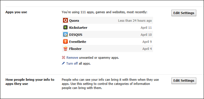Review the "Apps you use" at Facebook