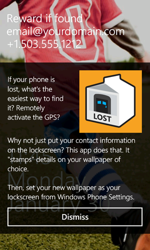 A screenshot of my new app Lost Phone Screen for Windows Phone 7
