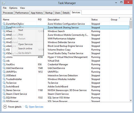 Services in Task Manager
