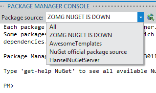 The NuGet Cache selected as an option in the Package Manager Console
