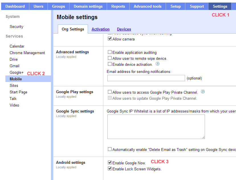 Click Settings, Mobile, Enable Google Now