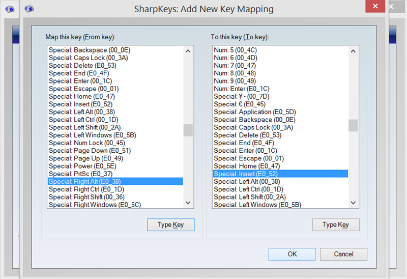 Mapping Right Alt to Insert in SharpKeys for my Surface Pro 3