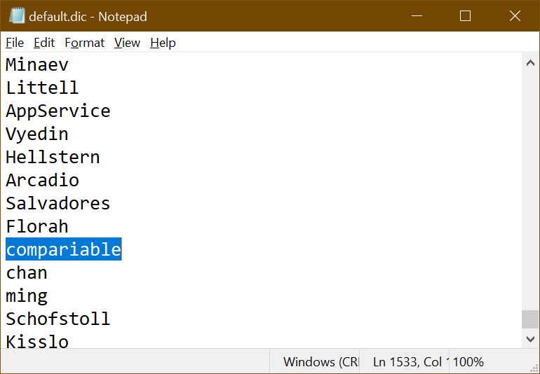 Opening default.dic in Notepad