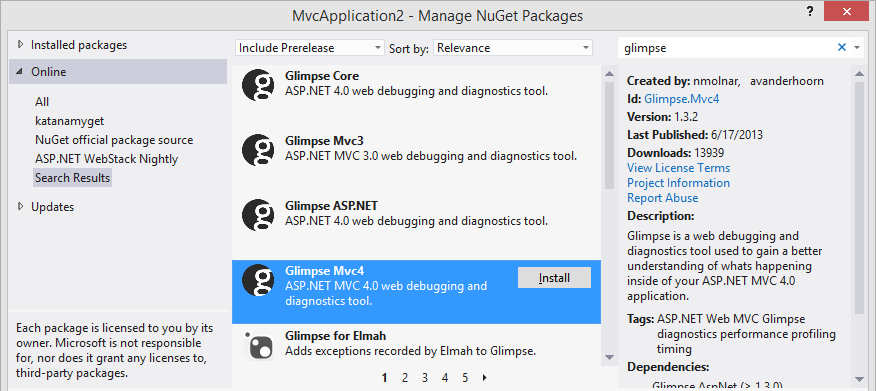 Glimpse NuGet packages