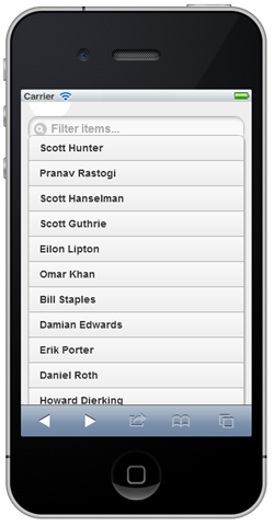 The list of names now as a jQuery mobile page inside an iPhone