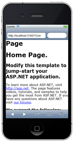 The Default Mobile Web Forms page in an iPhone