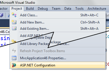 Selecting ASP.NET Configuration site from the Project Menu