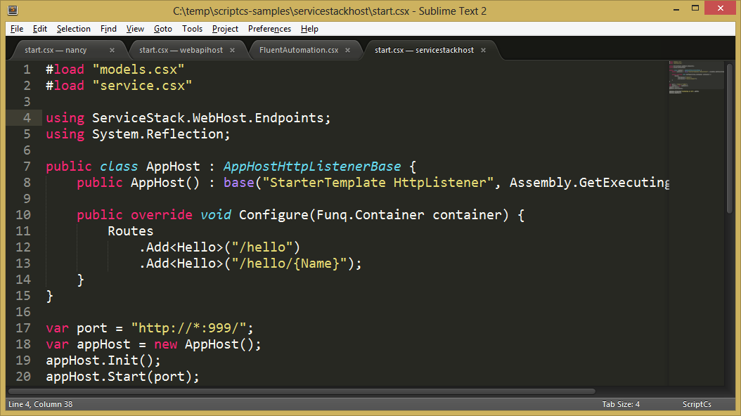 ScriptCS inside of SublimeText2 with the ScriptCS package giving SyntaxHighlighting