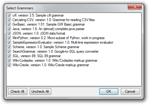 Select Grammars Dialog in Irony filled with grammars