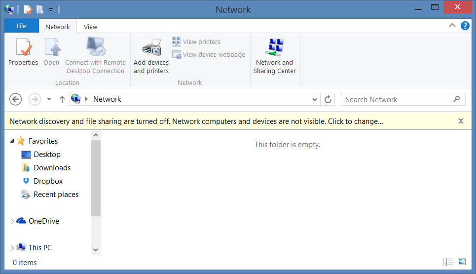 Network Discovery and file Sharing are turned off. Network Computers and devices are not visible.
