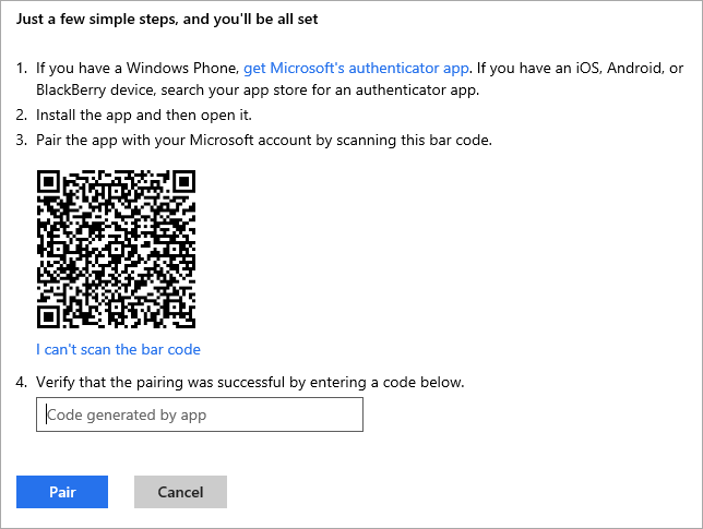Microsoft accounts can scan a bar code to setup their two factor auth.