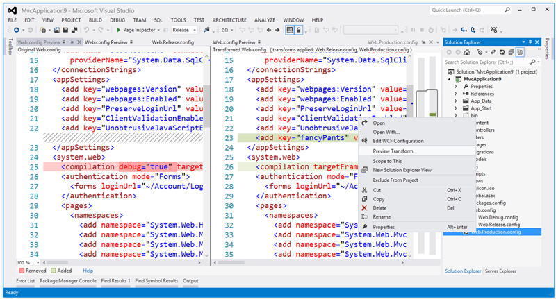 Visual Studio 2012 adds deployment config transforms