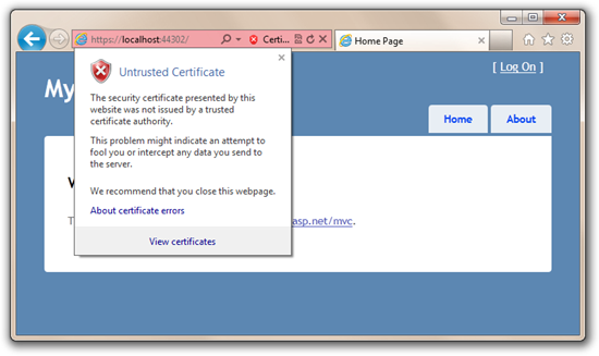 You are a bad person, says IE9. You have an untrusted certificate.