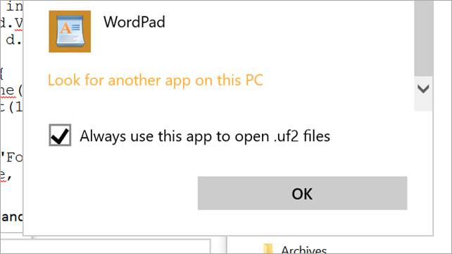 Selecting a custom app for UF2 files