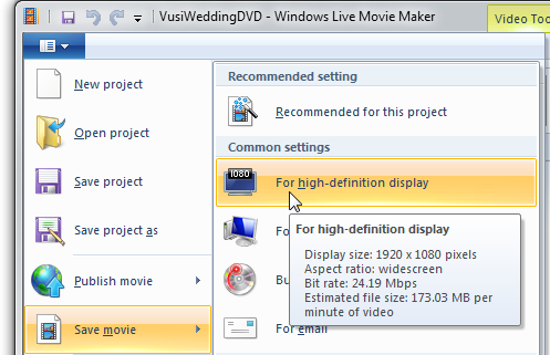1080p is an option in Windows Live Movie Maker