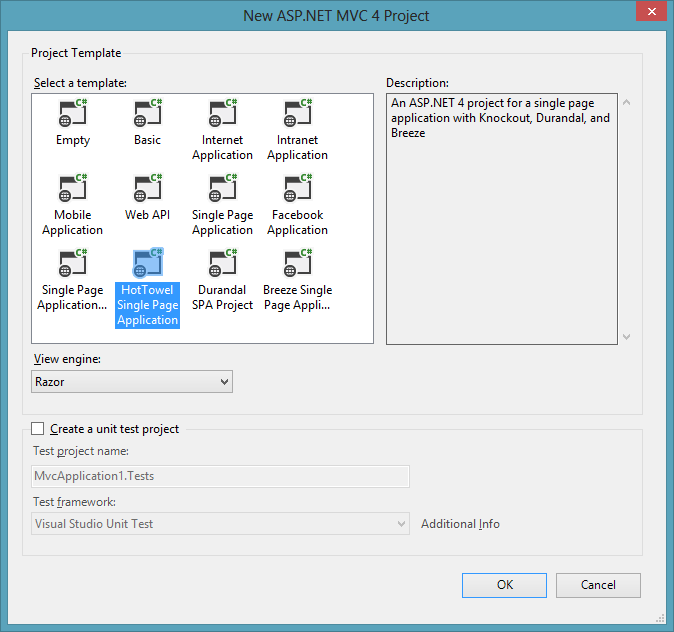 The fully populated ASP.NET MVC 4 New Project dialog has many new templates