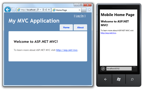 Desktop ASP.NET MVC Application next to the same application in a mobile browser