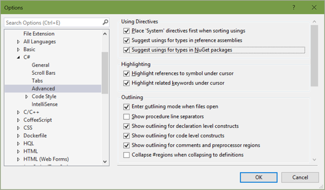 I turn on "Suggest usings for types in NuGet packages" and "Suggest usings for types in reference assemblies."