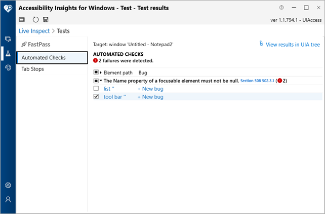 Test Results for Windows apps being checked for accessibility