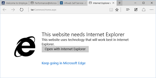 A warning from Microsoft Edge - This website needs Internet Explorer