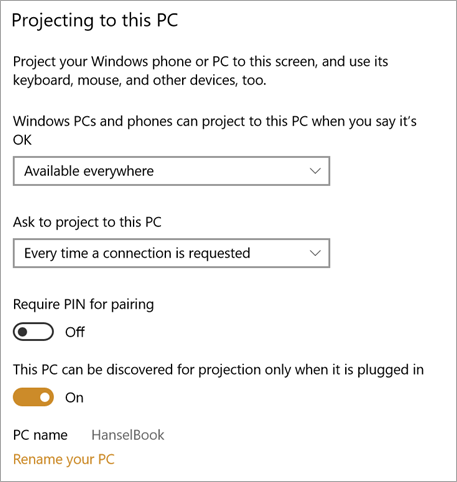 Settings | Projecting to this PC